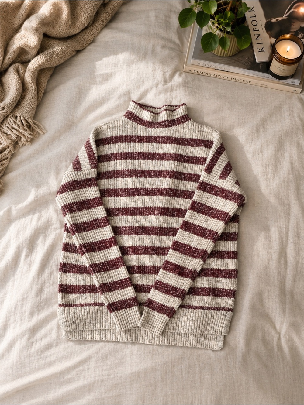 American Eagle | Striped Mock Neck Marled Chunky-Knit Sweater | Burgundy Cream